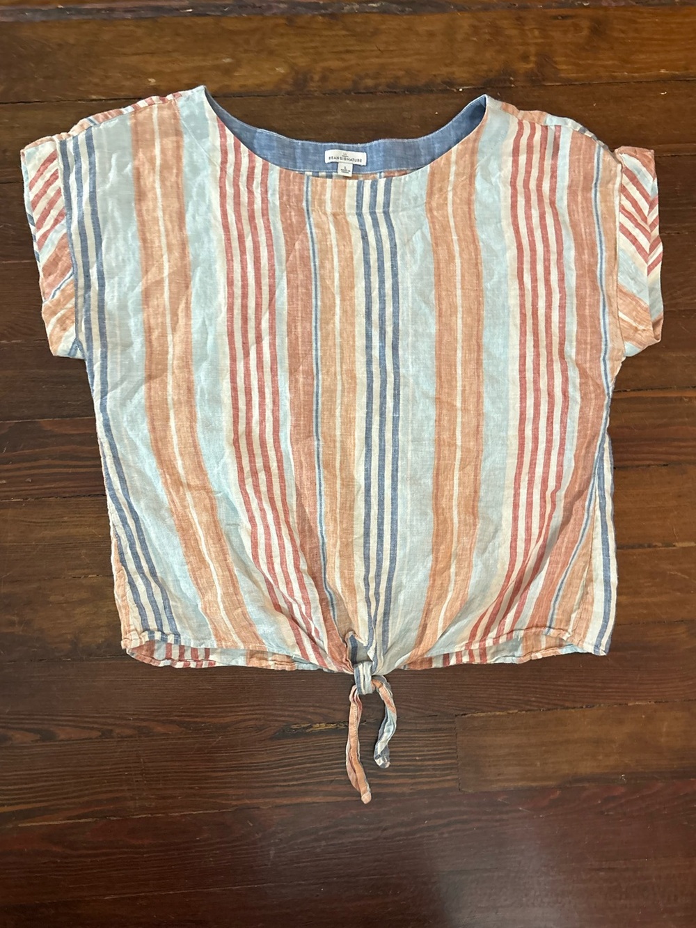 L.L. Bean Striped Tie-Front Linen Top in Blue, Rust, Cream